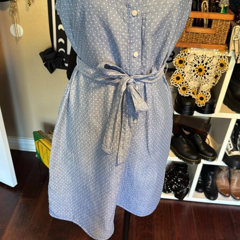 Tommy Hilfiger mini dress white polka dot/ blue collared belted half button sz10 - Picture 4 of 12